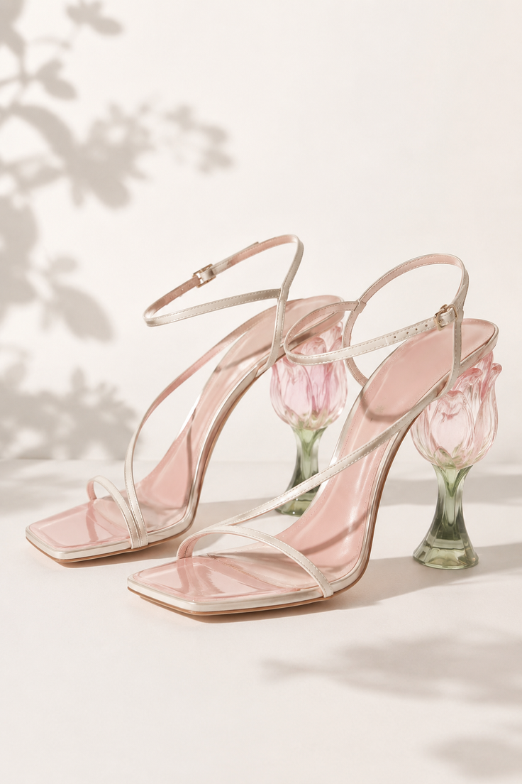 Pair of pink high heels with unique tulip-shaped heels and ankle straps