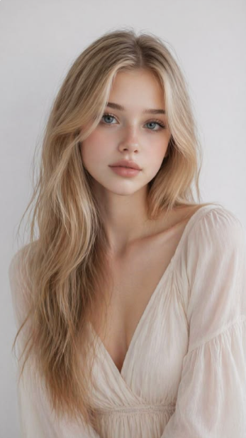 Young woman with blonde hair and blue eyes wearing a light-colored top