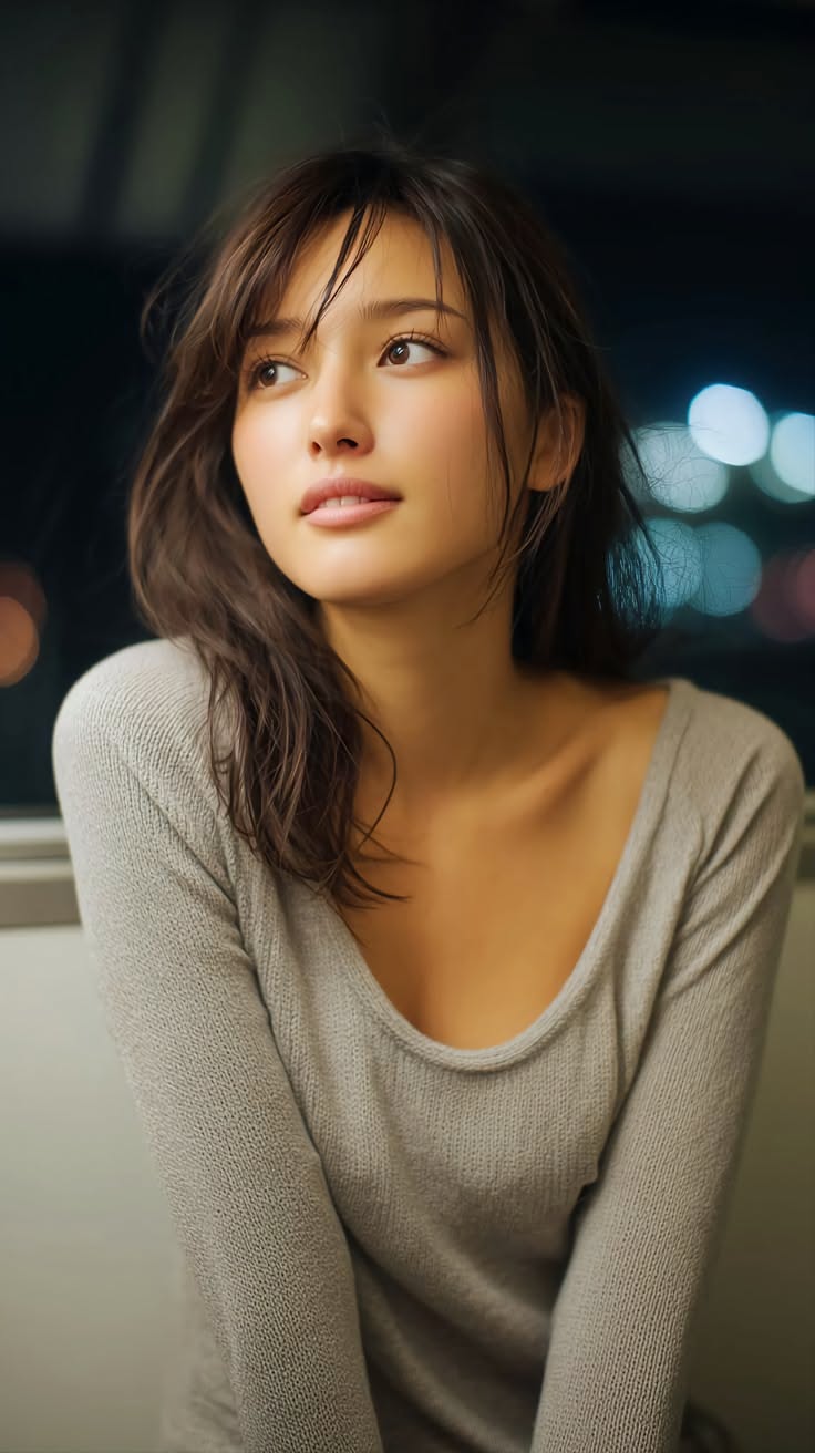 Woman with long hair in a grey sweater looking away with bokeh background