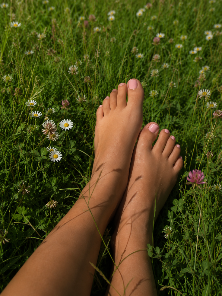 Bare feet with pink nail polish resting in green grass with daisy and clover flowers