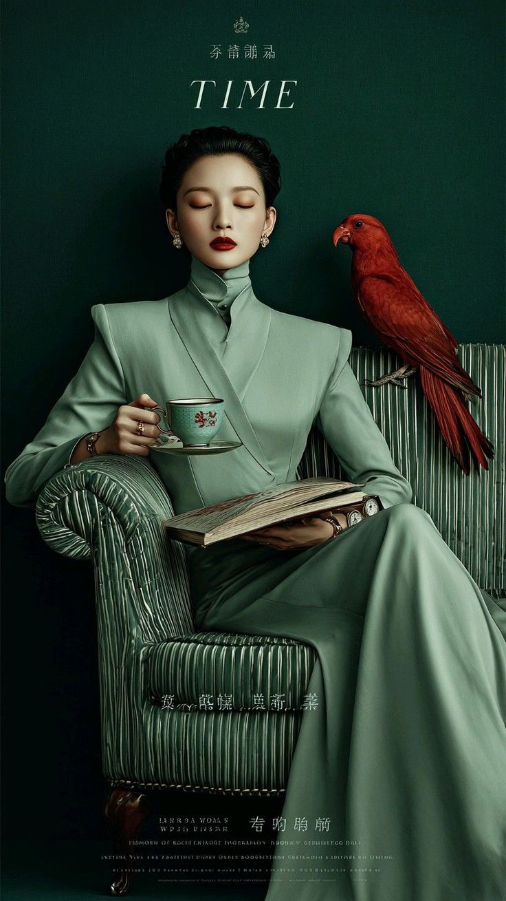 Woman in a green dress with a red parrot on a dark green background