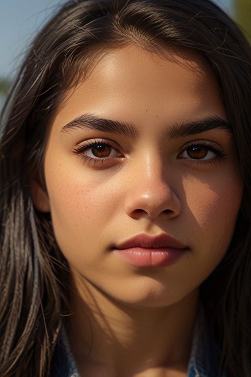 Close up portrait of a young woman with dark hair and brown eyes