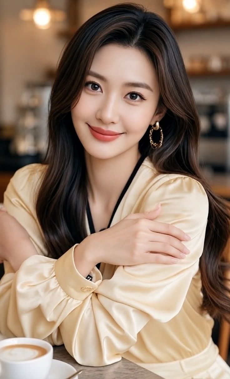 Woman with long dark hair wearing a satin blouse and gold earrings indoors