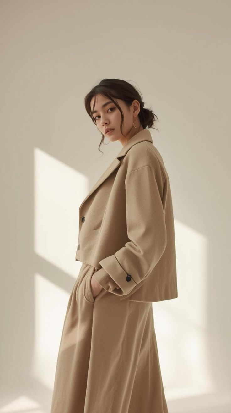 Woman in a tan cropped jacket and matching pants with an updo hairstyle