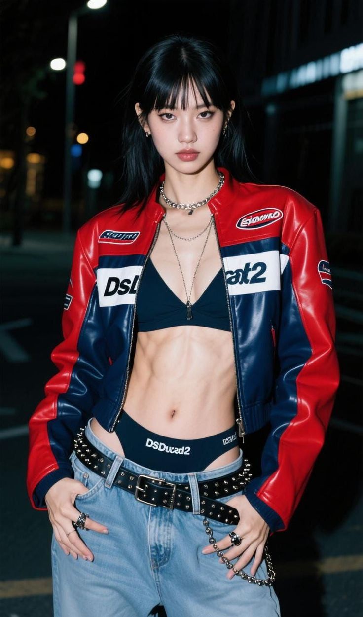 Woman in a racing jacket, bra, and jeans with exposed midriff at night