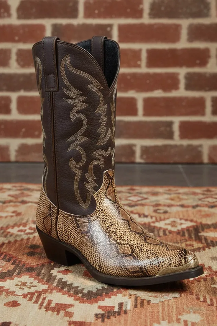 A single cowboy boot with snake skin and brown leather against a brick wall