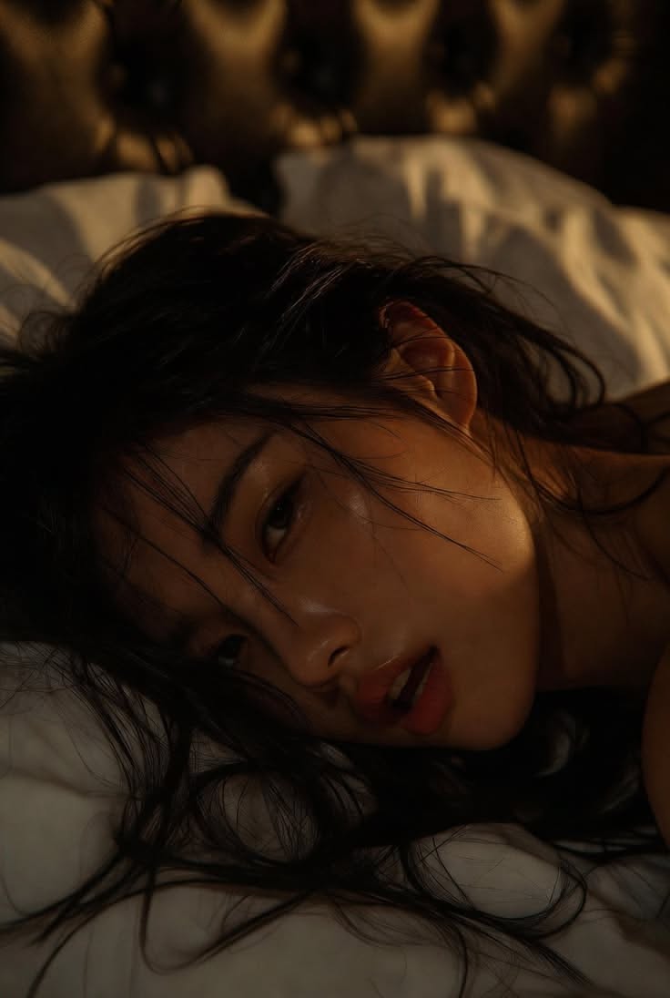 Woman with dark hair lying on a bed with soft, warm lighting