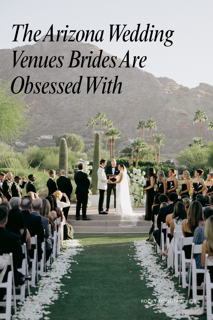 Outdoor wedding ceremony with a bride and groom exchanging vows in a desert landscape