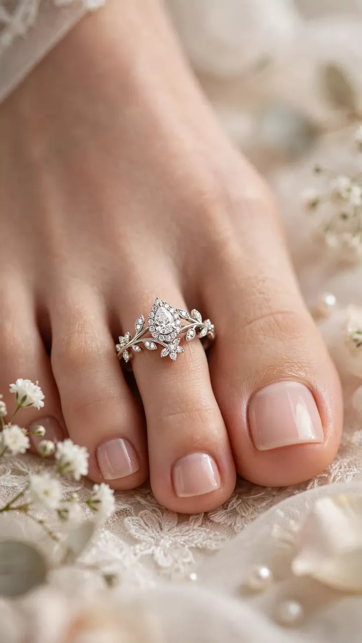 Close up of a foot wearing a diamond toe ring with floral design, surrounded by lace and flowers