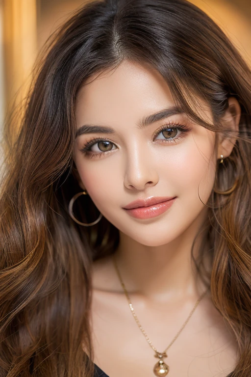 Woman with long brown hair and hoop earrings looking at the viewer