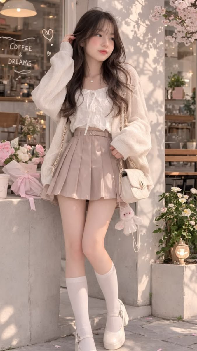 Woman in a pleated skirt and cardigan standing outdoors with soft lighting