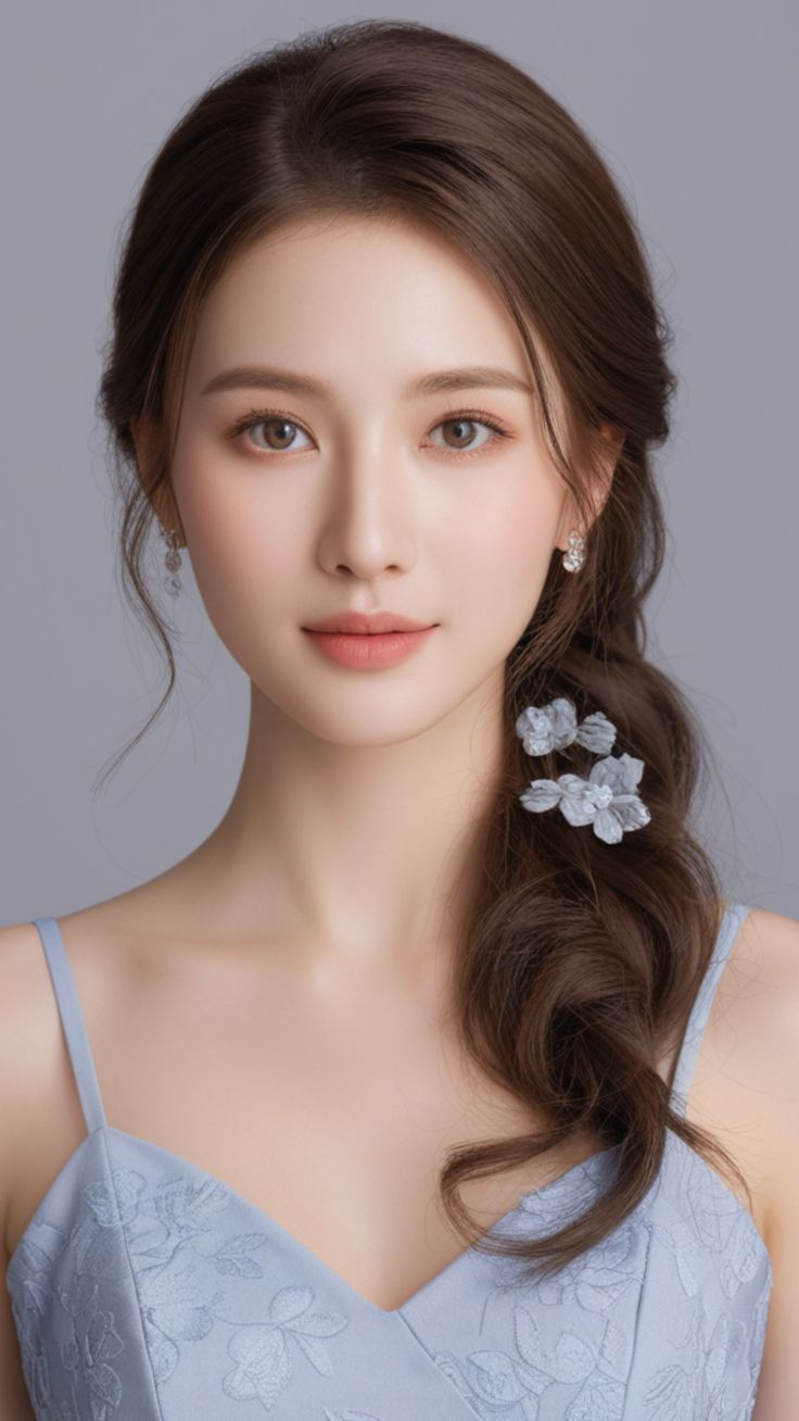 Woman with long brown hair and a light blue dress with floral accessories