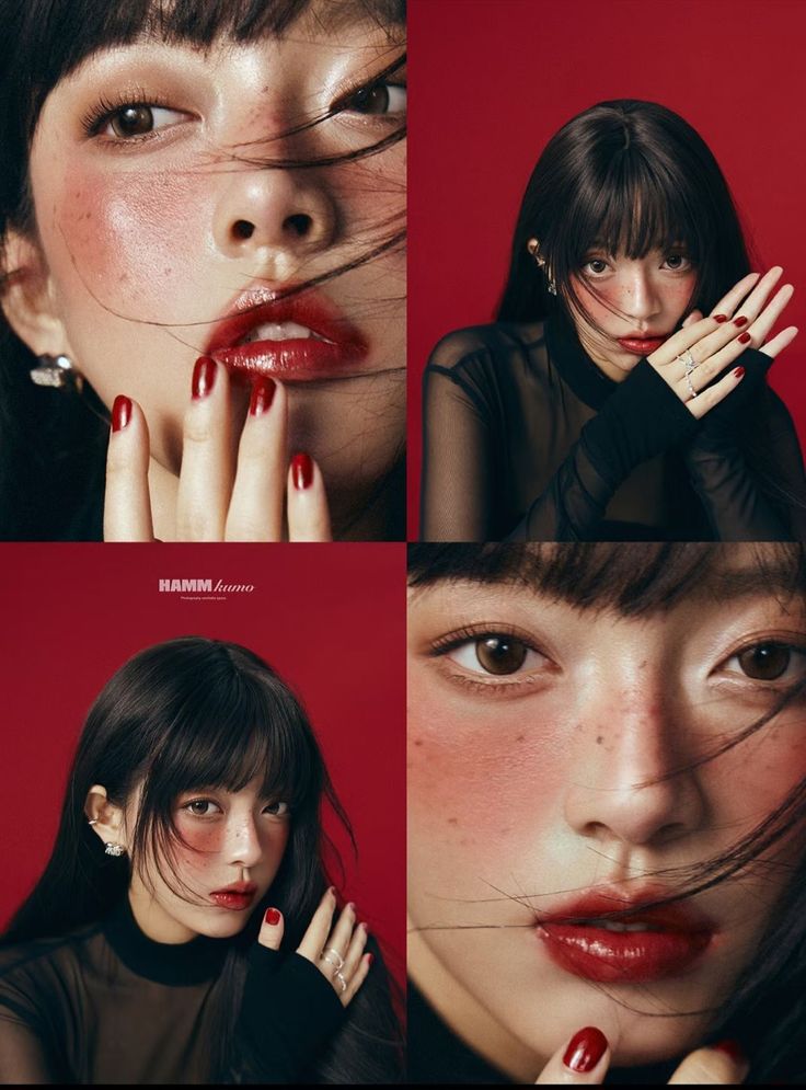 Woman with black hair, red lipstick, and a sheer top against a red background