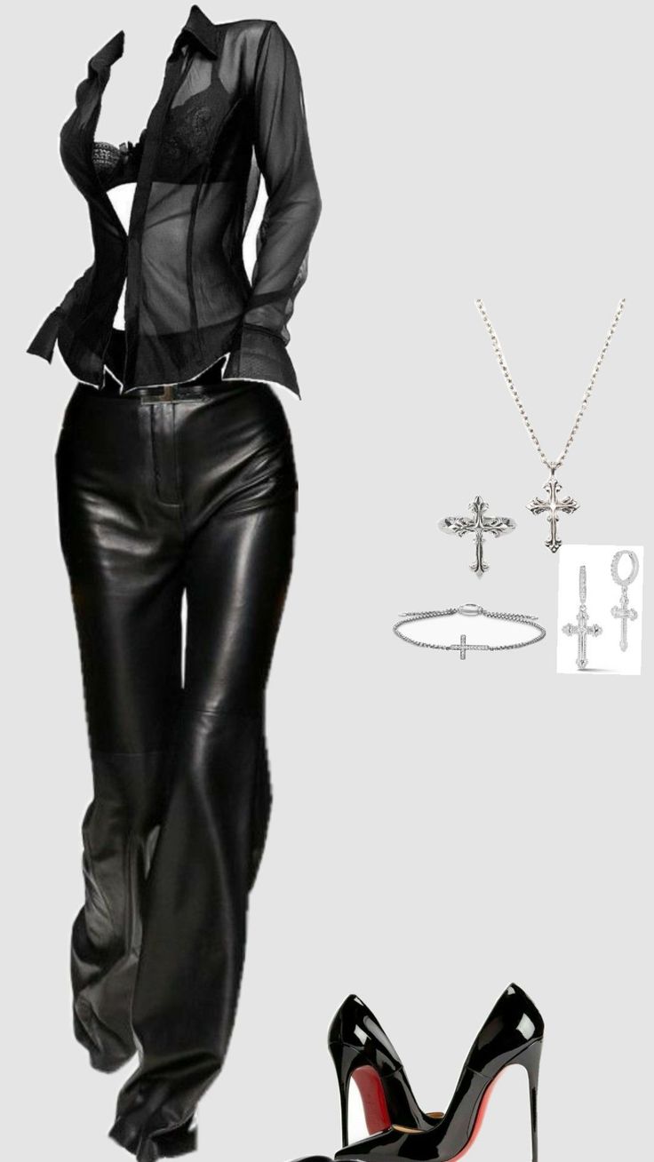 Outfit with sheer black shirt, leather pants, high heels, and cross jewelry