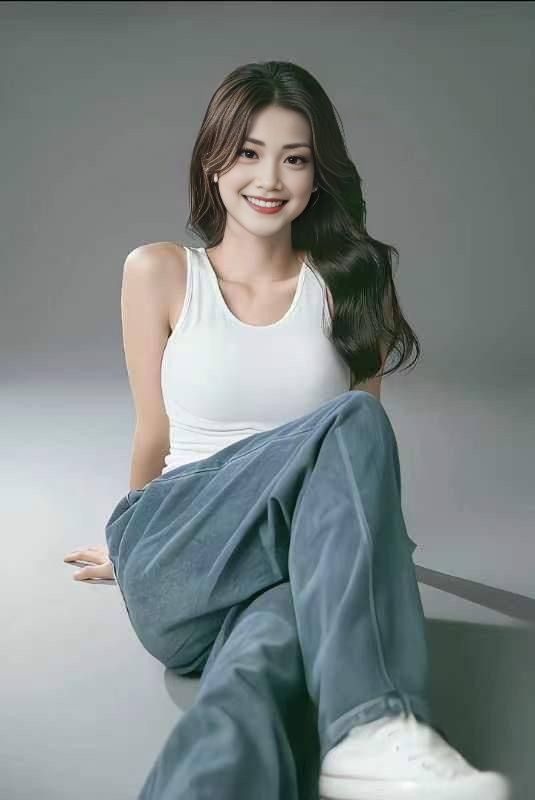Woman with long hair wearing a white tank top and loose pants, sitting indoors