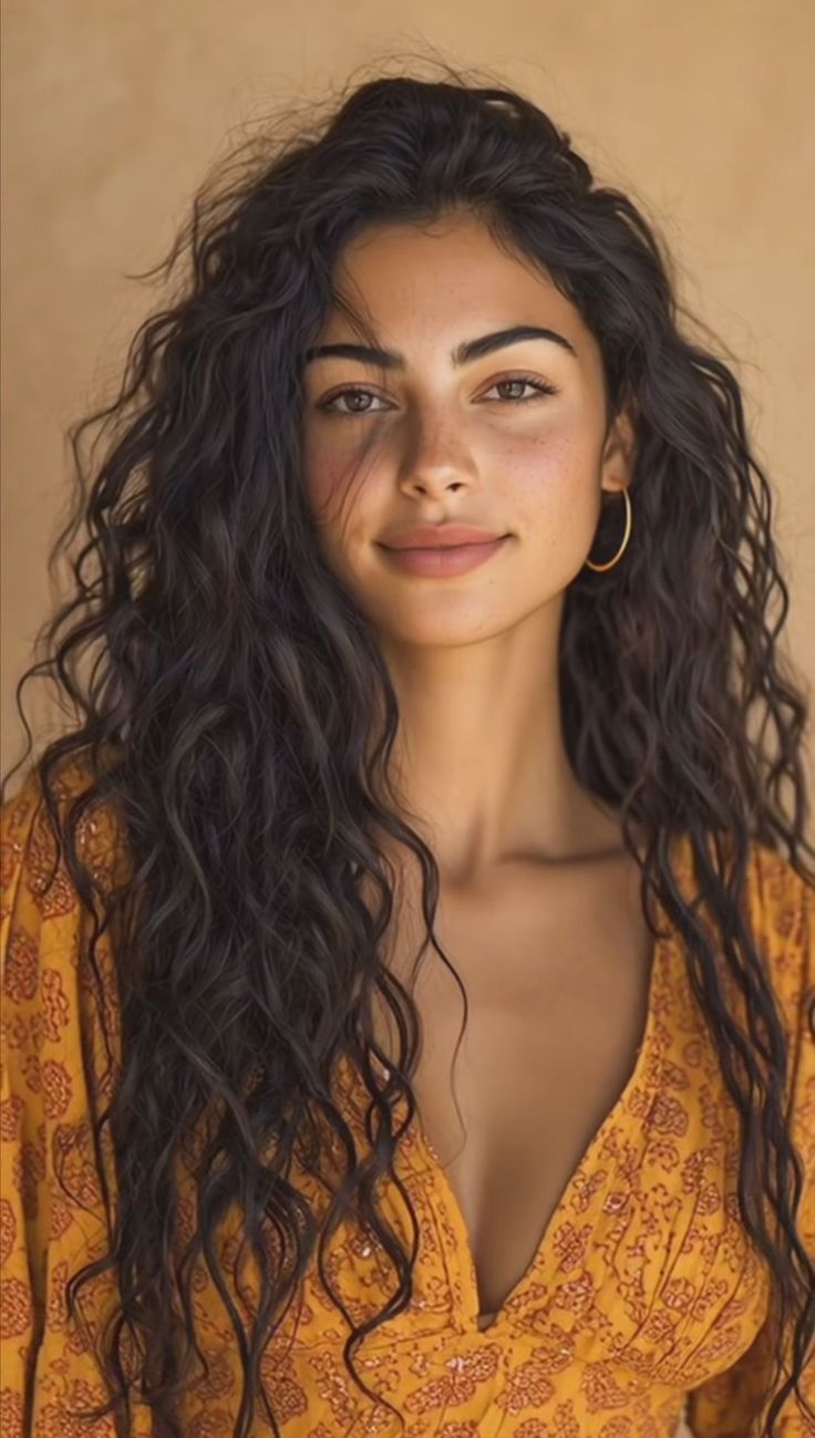 Woman with long curly hair and freckles wearing a yellow top with cleavage