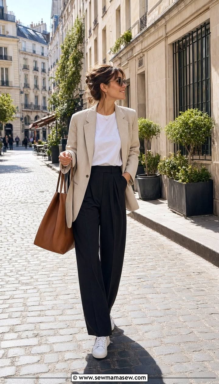 Woman in a blazer and wide-leg pants walking on a cobblestone street