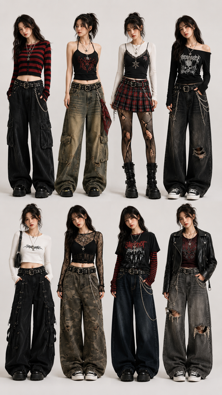Eight women showcasing various gothic and alternative fashion styles
