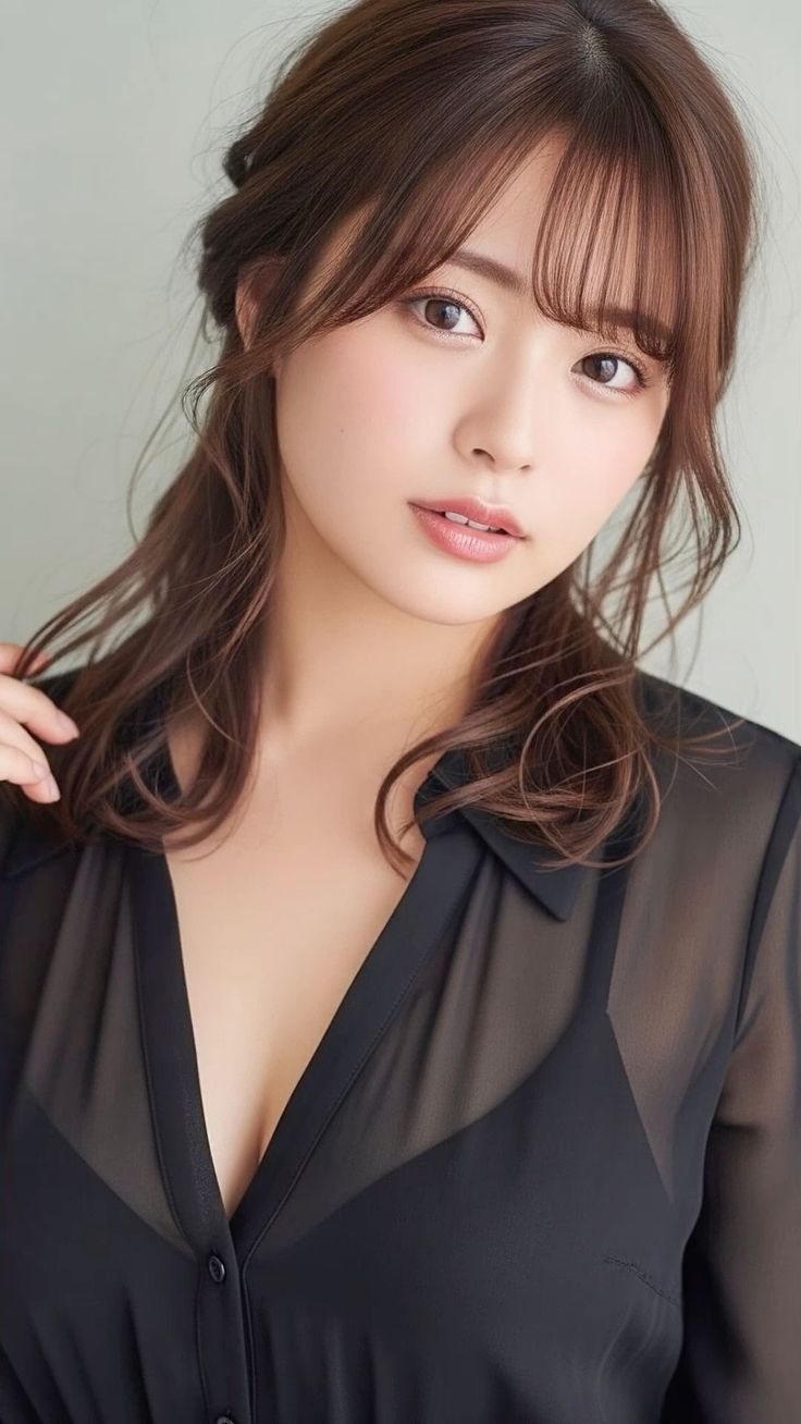 Woman with long brown hair wearing a sheer black shirt and bra