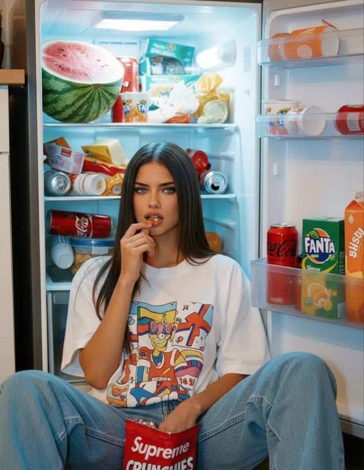 Woman with long hair sitting in front of an open refrigerator, eating a snack