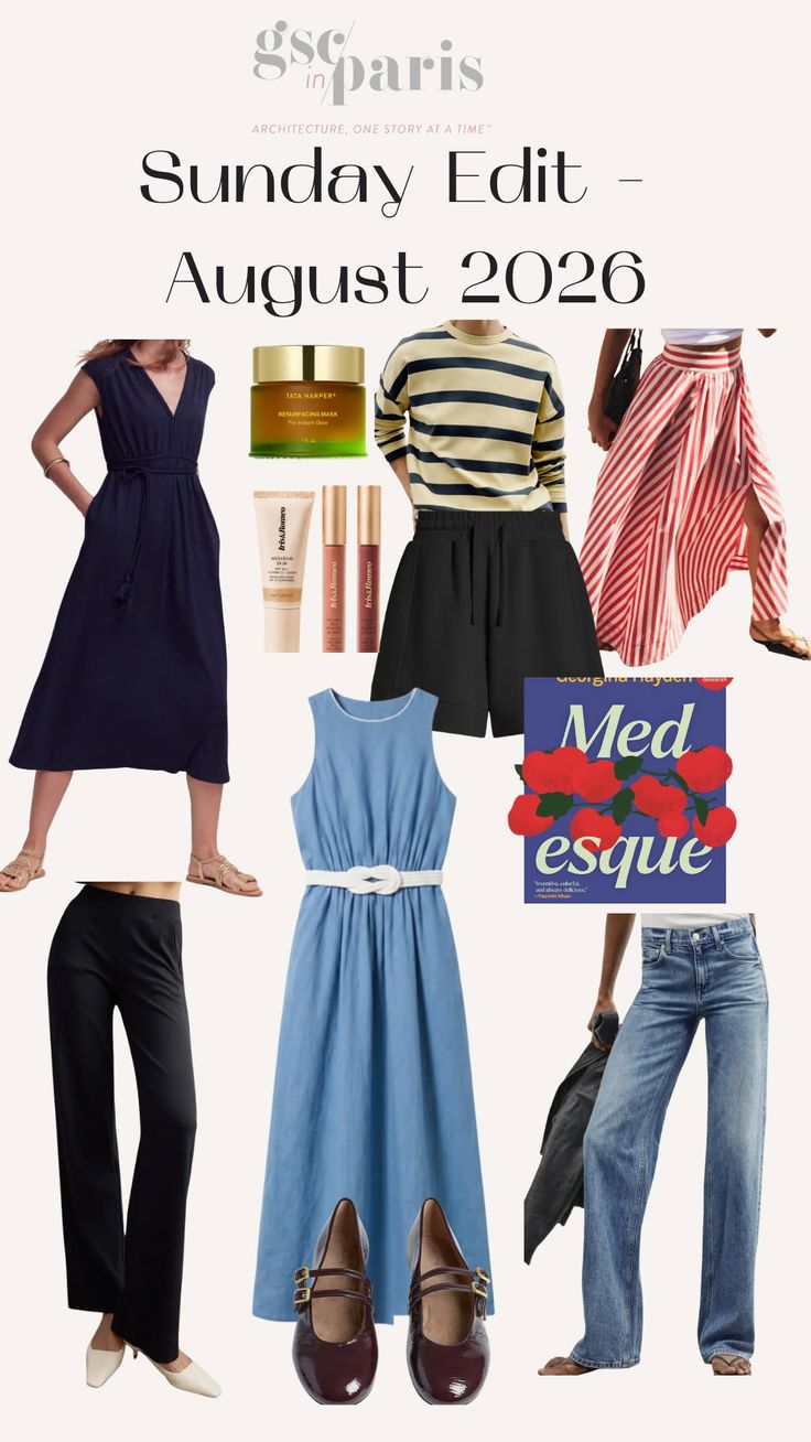 A fashion collage featuring various clothing items, skincare products, and a book cover