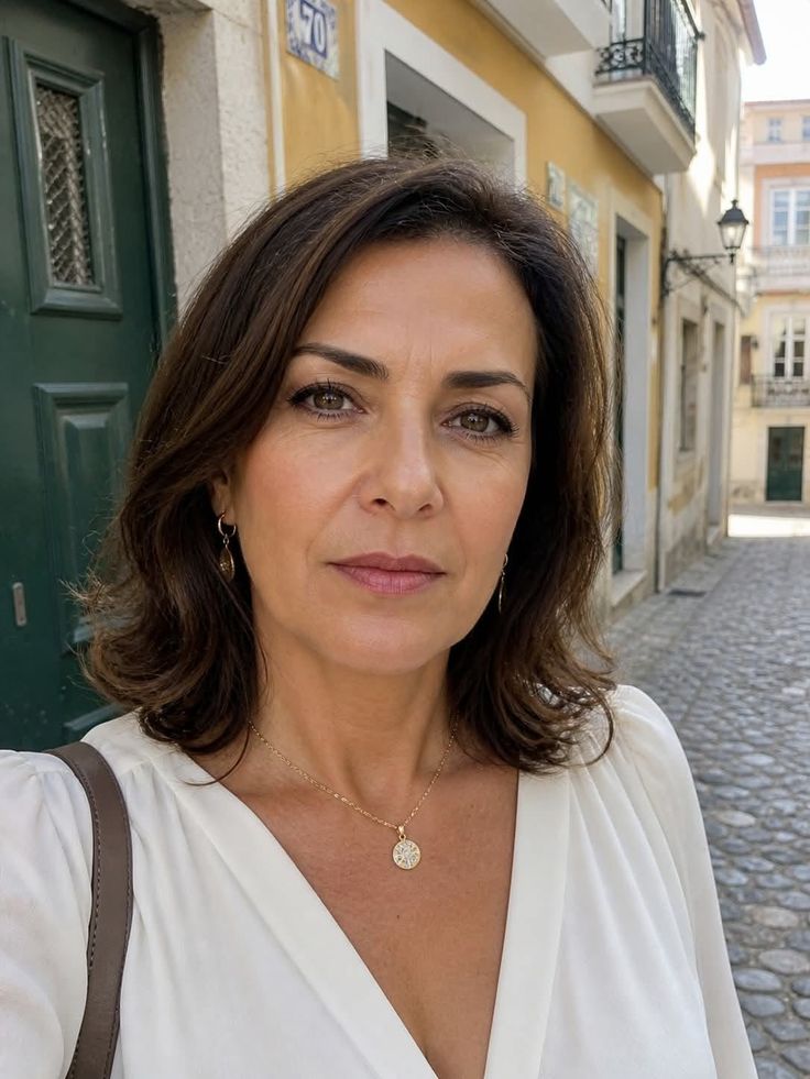 Woman with short brown hair wearing a white blouse and gold jewelry on a cobblestone street
