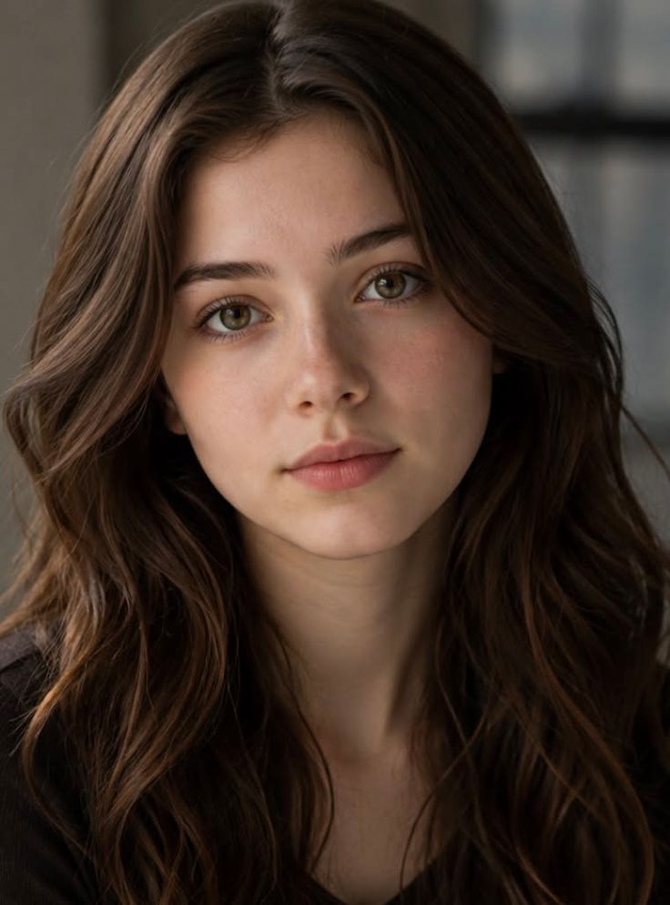 Young woman with long brown hair and green eyes looking directly at the viewer