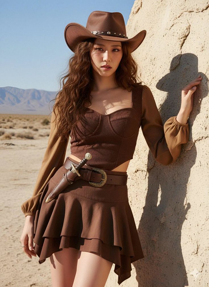 Woman in a brown cowboy hat and outfit in a desert landscape