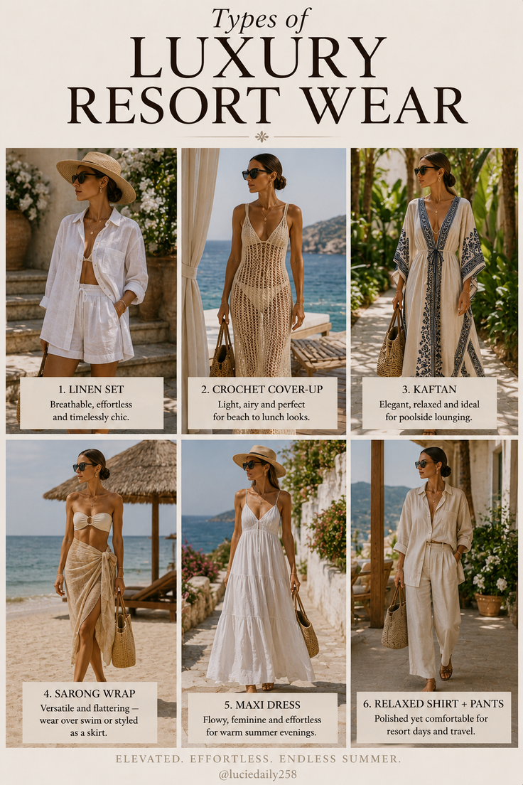 Six women modeling different types of luxury resort wear in outdoor settings