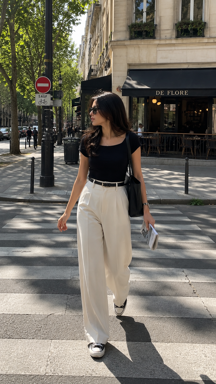 Woman in a black top and wide leg pants crossing a street in a city