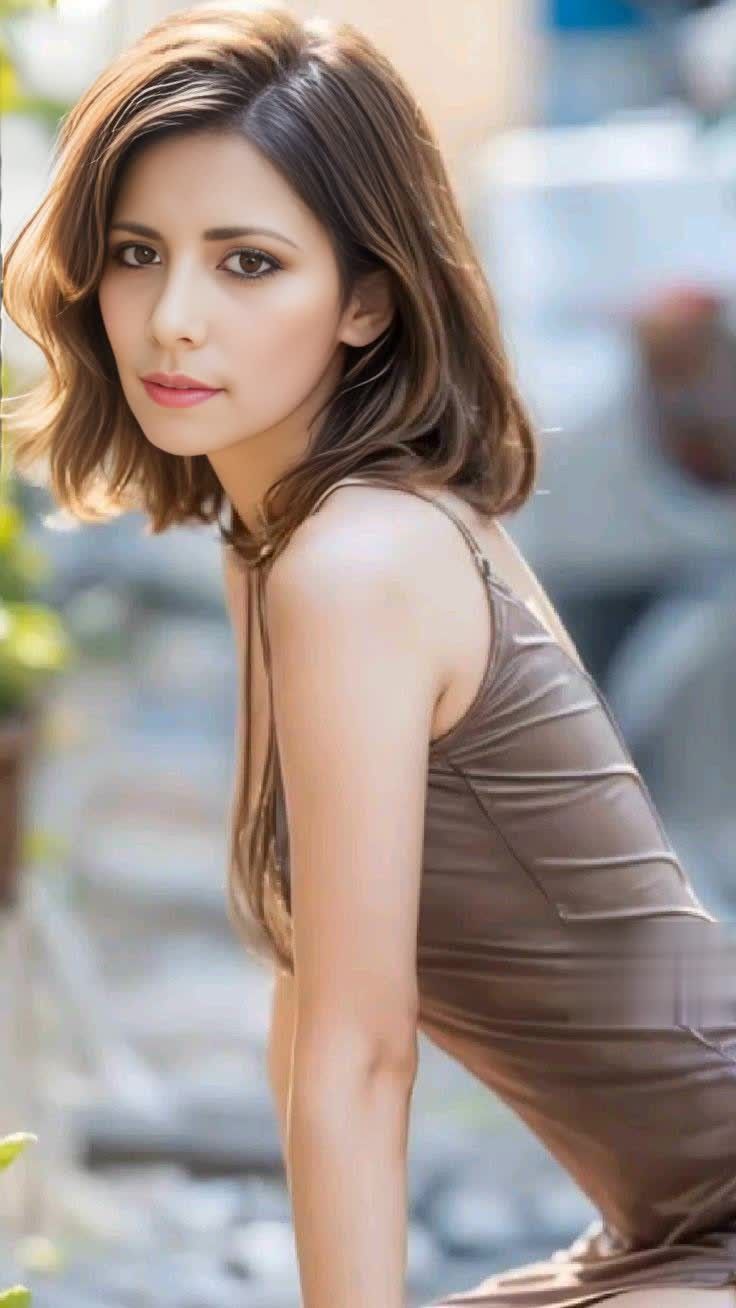 Woman with brown short hair wearing a spaghetti strap top outdoors