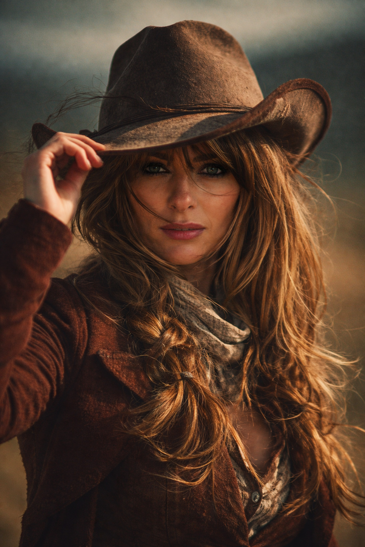 Woman in a cowboy hat and brown jacket with long, flowing hair