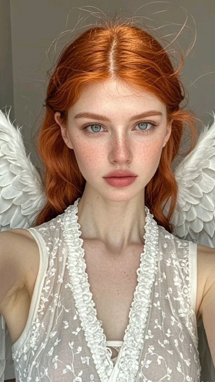 Woman with red hair, blue eyes, and freckles wearing a white lace dress and wings