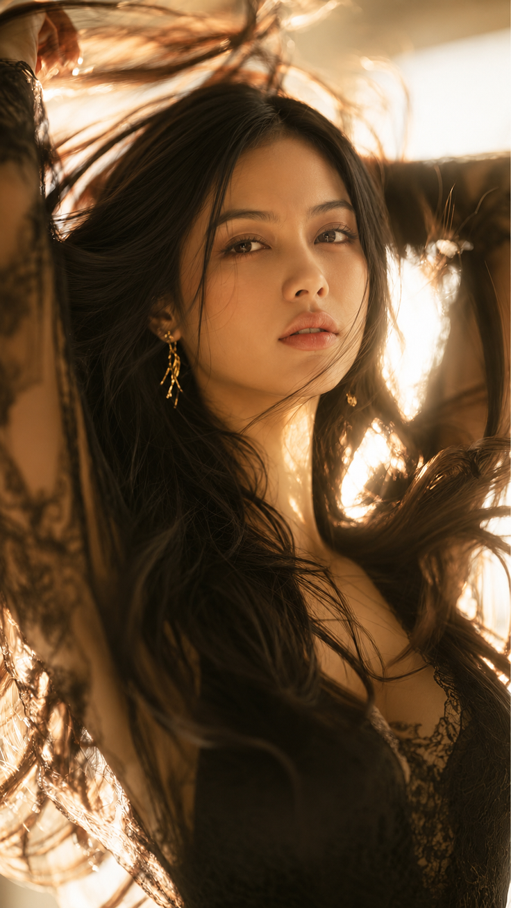 Woman with long dark hair in a lace top, backlit by golden hour light