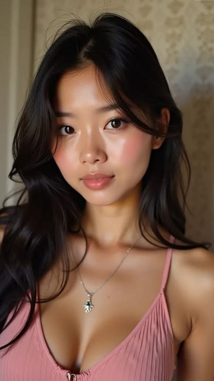 Woman with long dark hair wearing a pink top and necklace