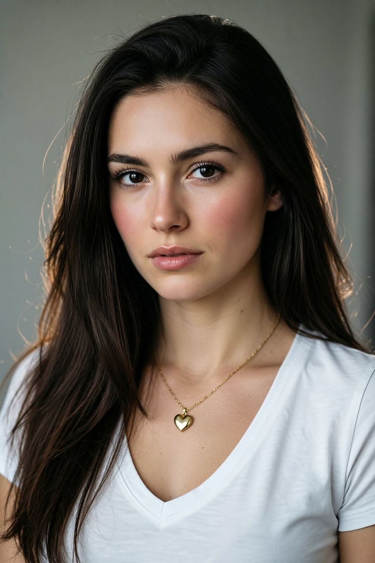 Woman with long dark hair wearing a white t-shirt and heart necklace