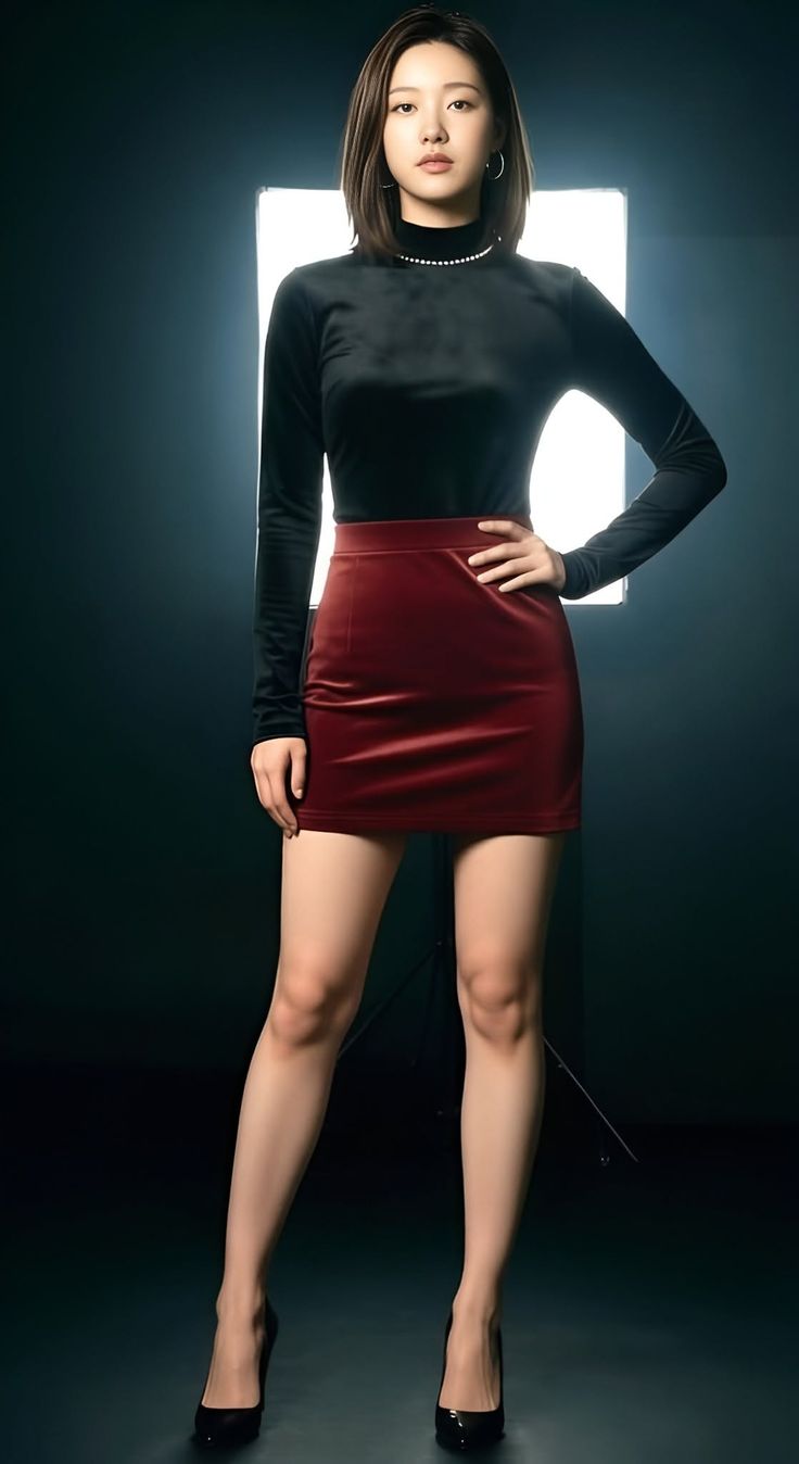 Woman in a black top and red mini skirt posing in a studio with dramatic lighting