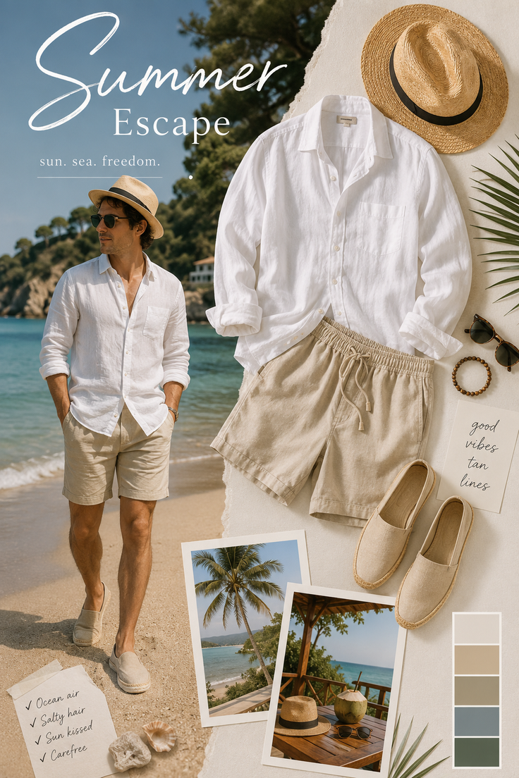Collage of summer fashion items and beach scenes with a man walking on the sand