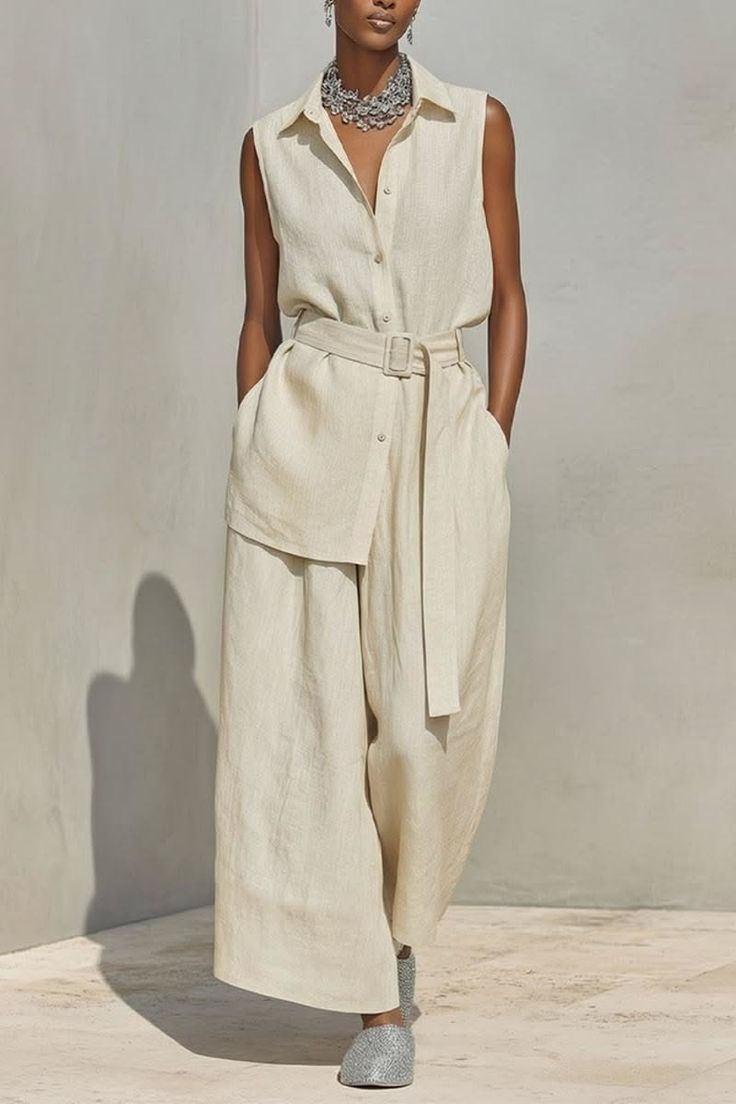 Woman in a sleeveless shirt and wide leg pants with a statement necklace