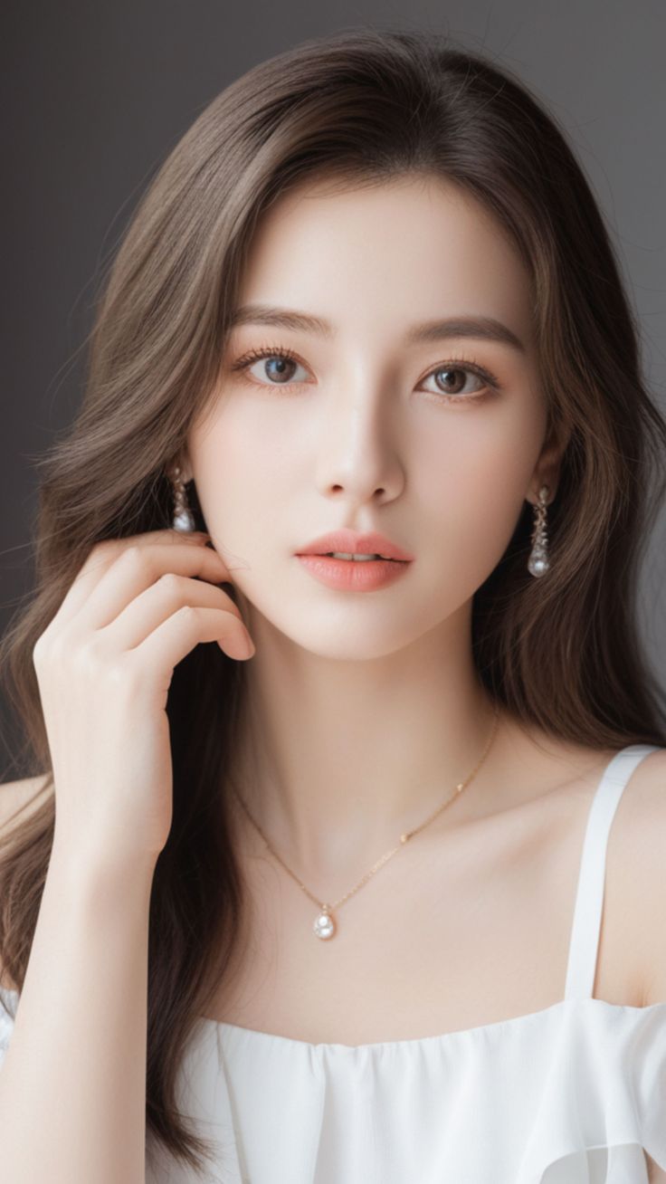 Woman with long brown hair wearing a white top and pearl jewelry