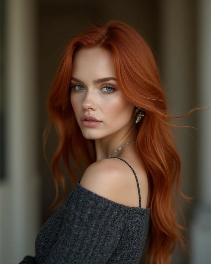 Woman with long red hair and blue eyes wearing an off-shoulder top
