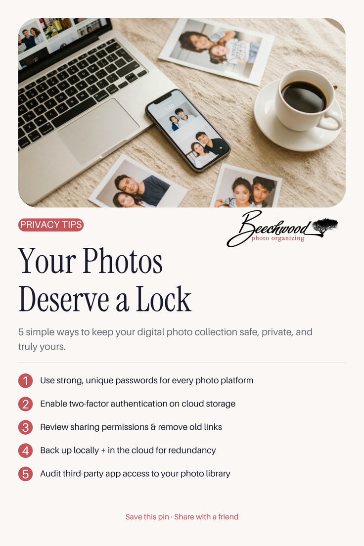 Flat lay of a laptop, smartphone, printed photos, and coffee cup on a textured surface