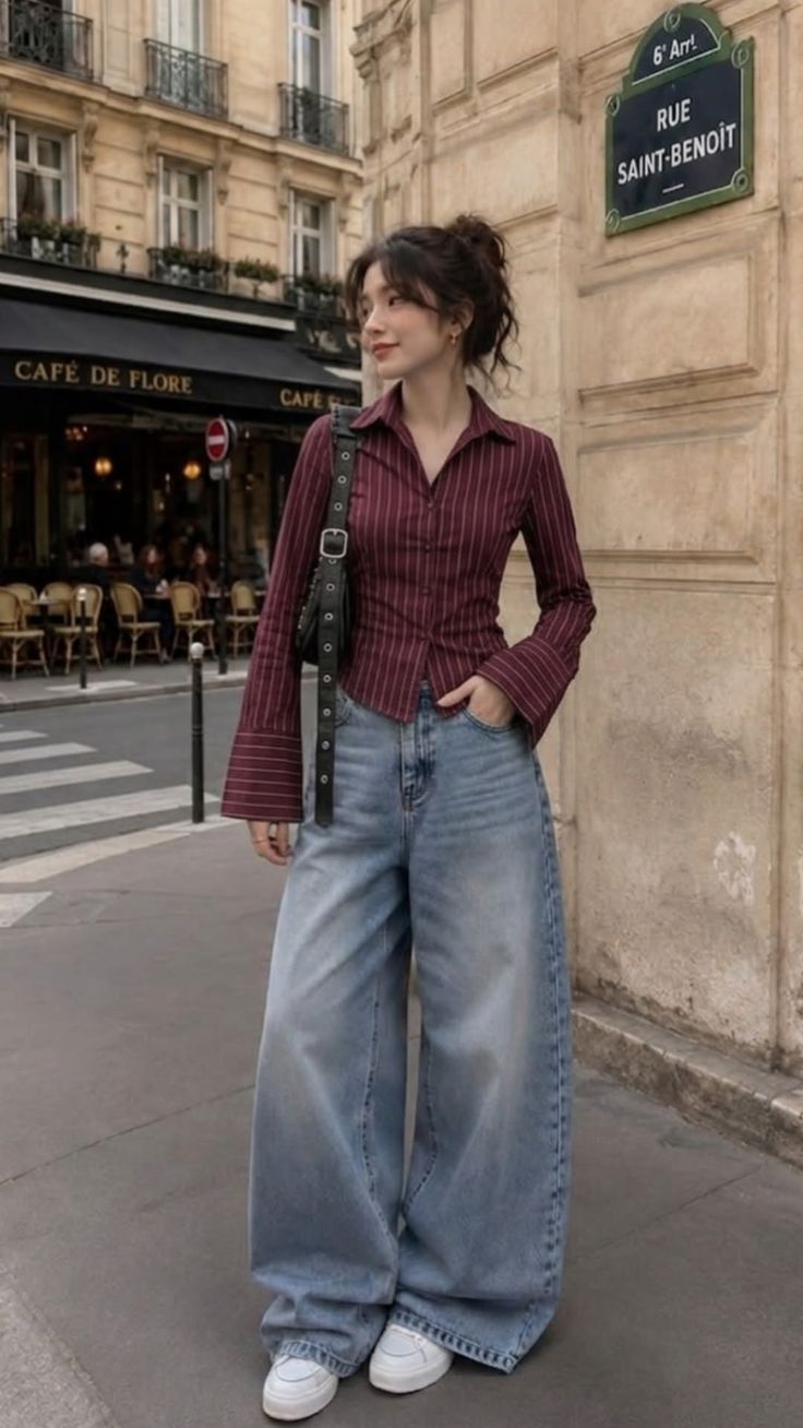 Woman in a striped shirt and wide leg jeans on a street in front of a cafe