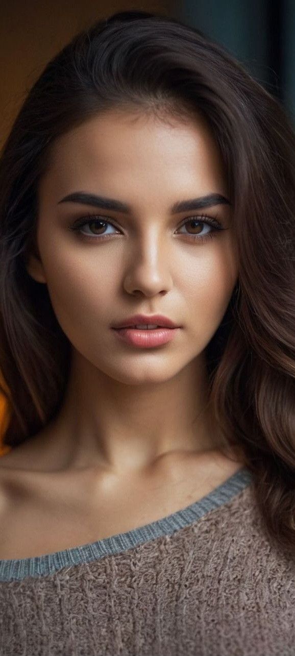 Close up portrait of a woman with long brown hair and brown eyes