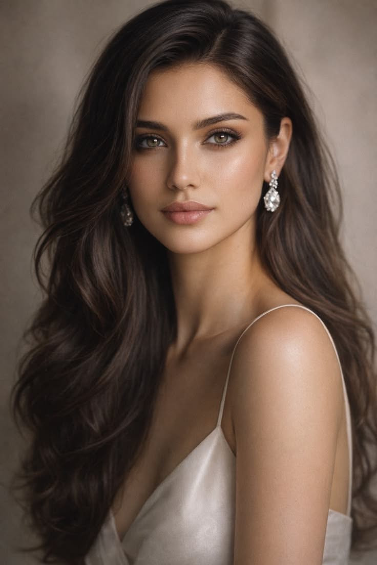 Woman with long dark hair and diamond earrings in a soft-lit portrait