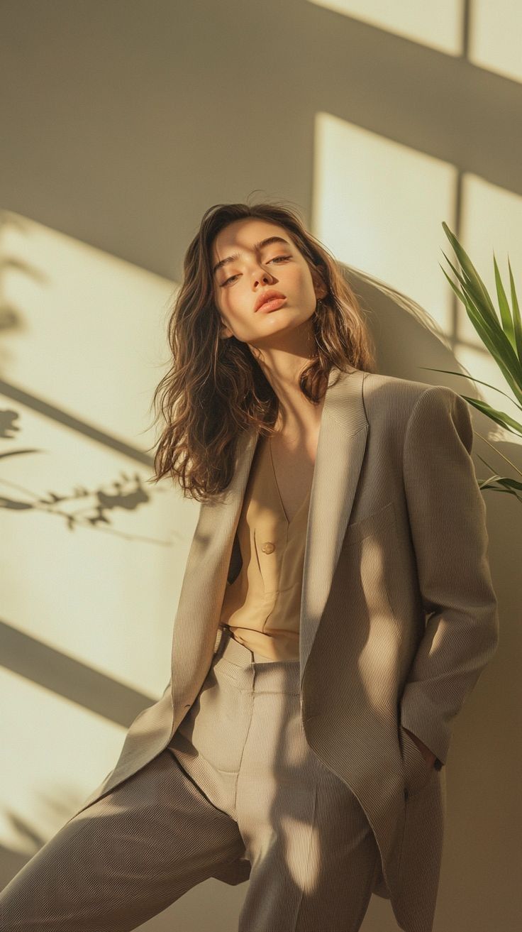 Woman in a beige suit with dramatic lighting and shadows on a wall
