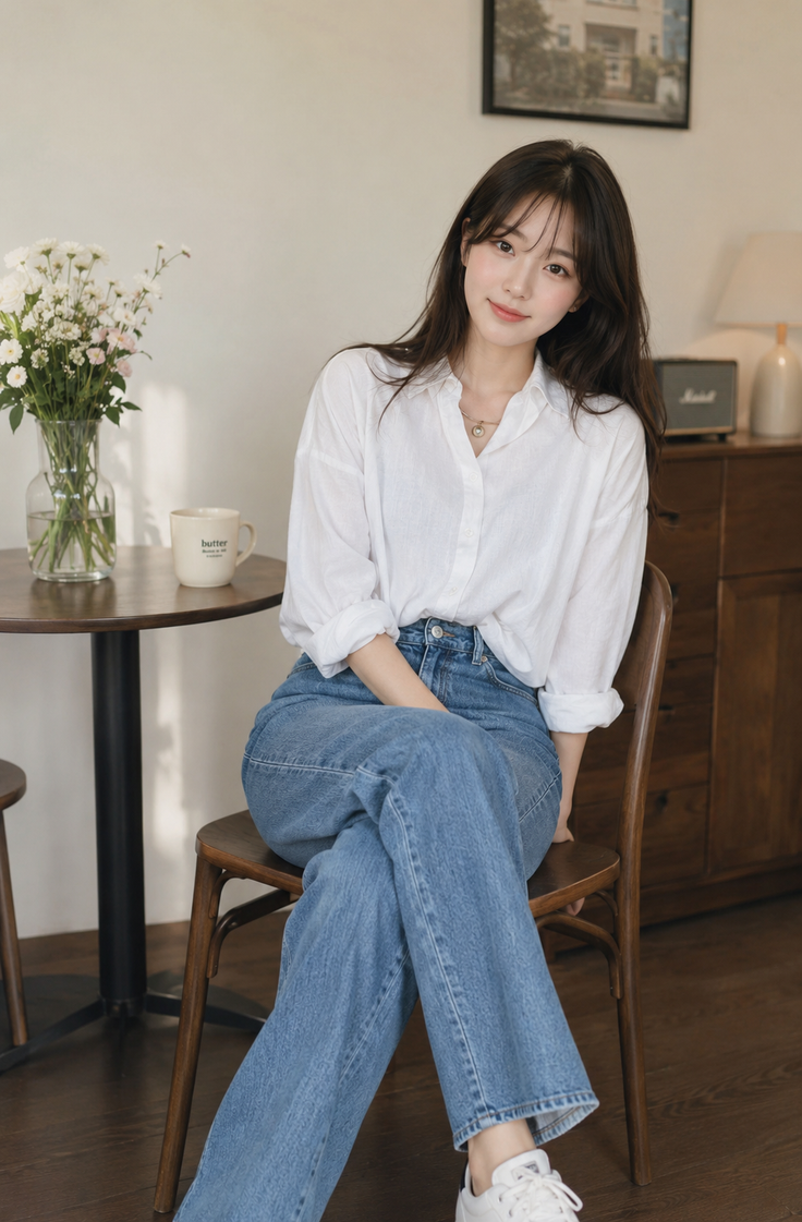 Woman in a white shirt and blue jeans sitting on a chair indoors