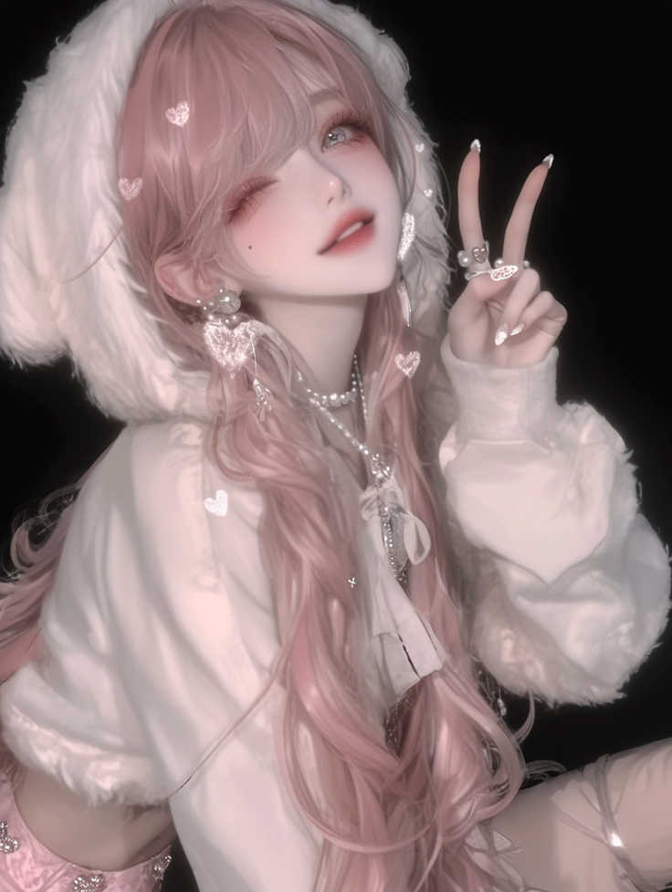 Anime style character with pink hair, winking and making a peace sign