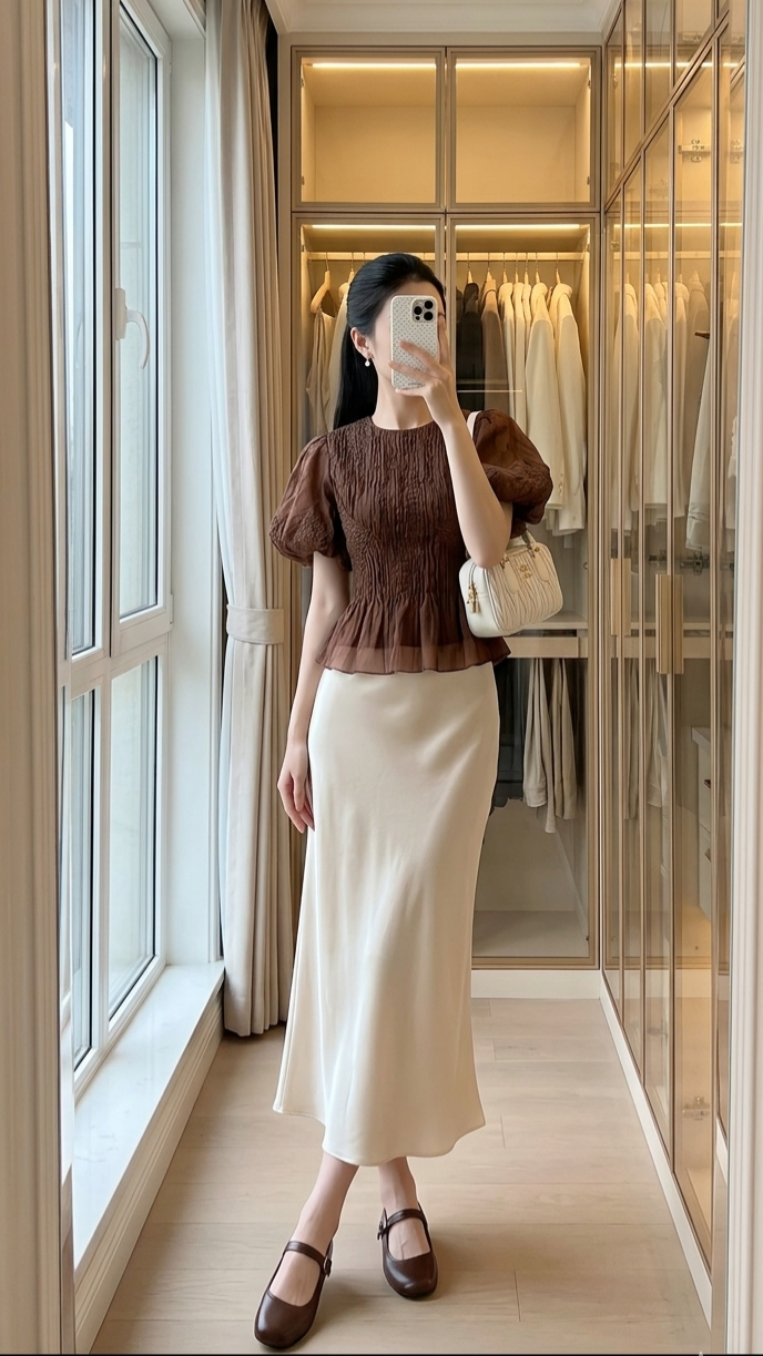 Woman in a brown top and white midi skirt standing in a walk-in closet