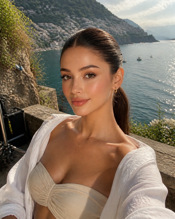 Woman in a strapless top and white shirt with a sea and cityscape background